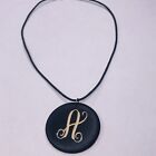 Necklace A Initial Carved Wood Black Rope Round Disc 18" Lightweight