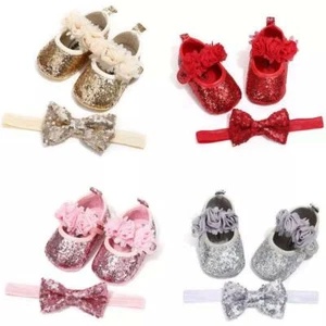 Sequins Baby Girls Shoes Infant Newborn Princess Shoes First Walkers + Hairband - Picture 1 of 31