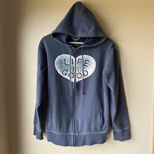 Life is Good Hoodie Full Zip Sweatshirt Women’s Large Blue Heart Relaxed Fit - Picture 1 of 10