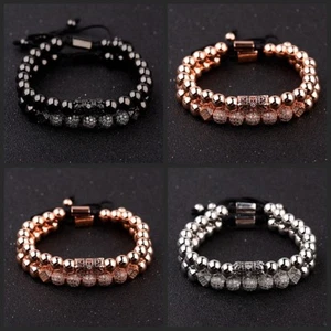 Luxury Micro Pave CZ Ball Gold Crown Braided Bracelets Mens Jewelry Copper Bead - Picture 1 of 88