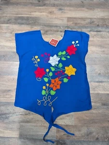 Handmade Blue Embroidered Blouse from Oaxaca, Mexico – Colorful Flowers with Tie - Picture 1 of 5
