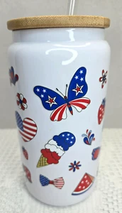 4th of July Red White & Blue America Theme White Glass Tumbler W/Bamboo Lid - Picture 1 of 8