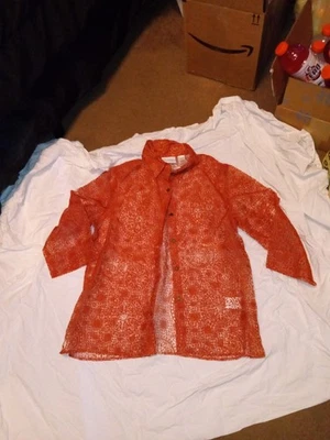 Alfred Dunner 花卉衬衫裤子套装女式 14 码烧焦橙色上衣蕾丝透明 — 第 1/3 张图片