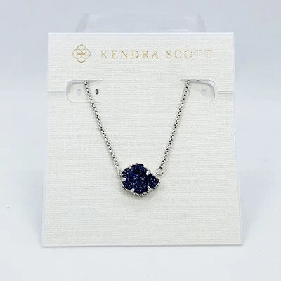 New Kendra Scott Tess Silver Pendant Necklace In Dark Blue Drusy - Image 1 of 3