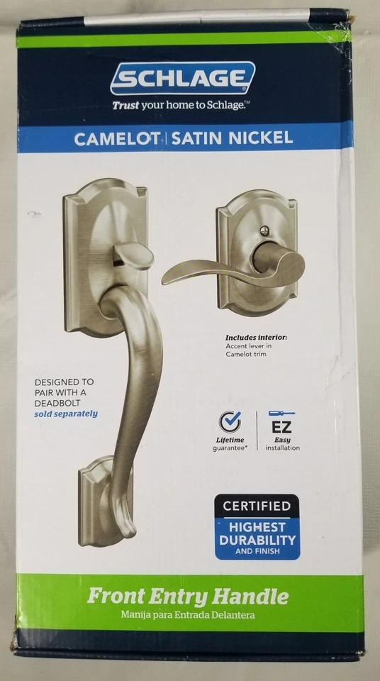 Manija de puerta de entrada Schlage Camelot con palanca níquel satinado FE285CAM619ACCCAM nueva Foto 1 de 4