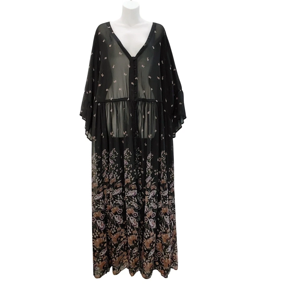 Maxi Vestido Torrid de Gasa Cuello en V Botón Delantero Negro Transparente Floral Para Mujer Talla 6X  Foto 1 de 4