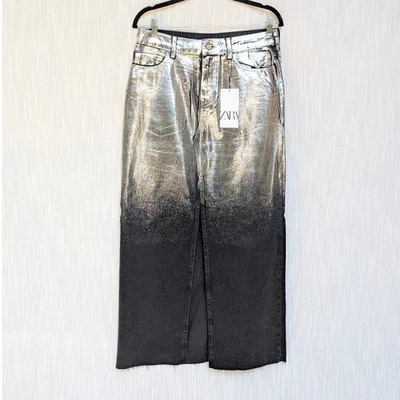 NWT Zara Foil High Waist Metallic Silver/Black Denim Slit Midi Skirt, size M - Image 1 of 4