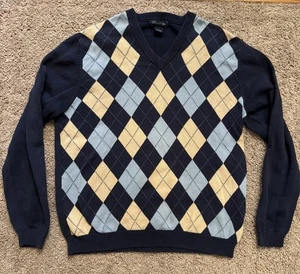 Brooks Brothers Navy Argyle Sweater Mens L V-Neck Pima Cotton Preppy Classic - Picture 1 of 7