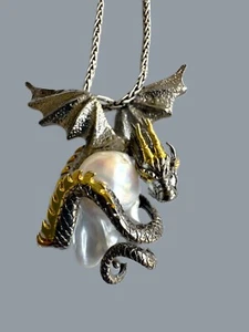 Realistic 3D Dragon Pendant Baroque Pearl 925 Sterling Silver 14K Gold - Picture 1 of 5