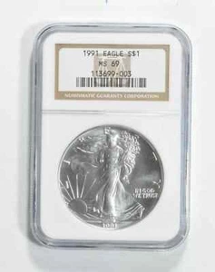 MS69 1991 American Silver Eagle - Graded NGC No Spots - Bright White - Picture 1 of 2