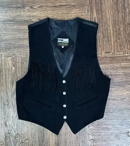 Vintage 80er Jahre Damen Größe M schwarz Wildleder Leder Druckknopf Fransenweste Jacke Western - Bild 1 von 9
