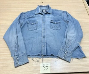Vintage Wrangler Blue Denim Jean Pearl Snap Distressed Cropped Shirt - Picture 1 of 16