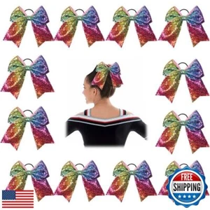 Oaoleer 12PCS 7" Large Glitter Cheer Hair Bows Ponytail Holder Elastic Band H - Picture 1 of 5