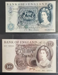 Bank of England Great Britain 5 Pounds P-375b & 10 Pounds, Two Note Set Unc. - Picture 1 of 6