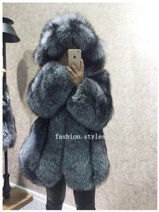 Cappotto donna vera pelliccia di volpe argento volpe vulpes cappuccio spesso caldo giacca soprabito - Foto 1 di 24