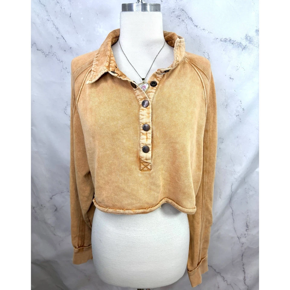 Free People Movimiento Sudadera Recortada Suéter Talla M Naranja Boho Cuello Henley Foto 1 de 4