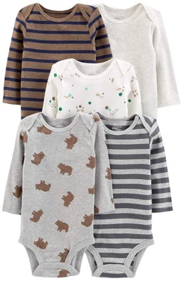 Baby Boy's 5-Pack Long-Sleeve Bodysuit Shirt, bears/animals green/stripes, Ne... - Image 1 of 4