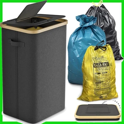 Geruchsdichter Mülleimer 100L mit Bambusdeckel - Zusammenklappbar und modern - Bild 1 von 4