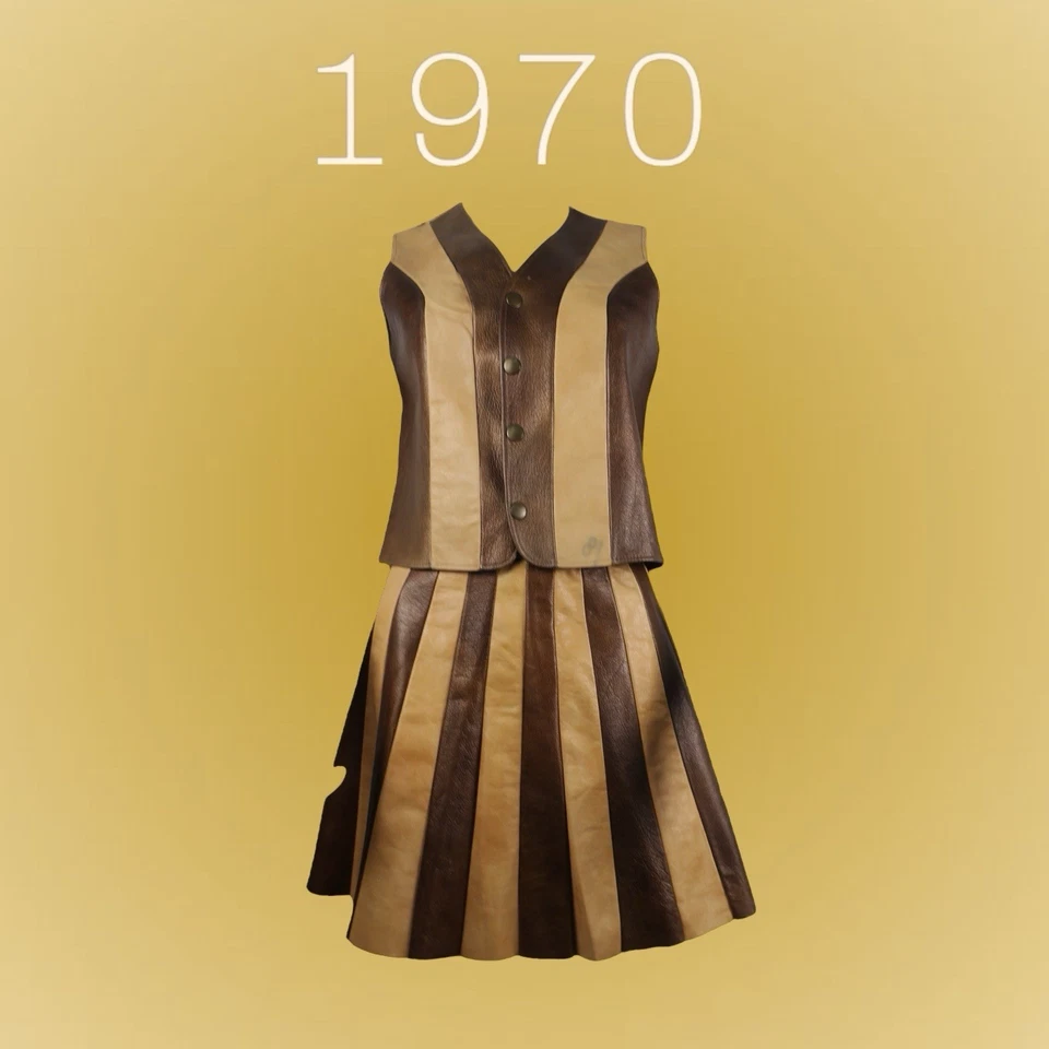 Vintage 70's Striped Leather Tan and Brown Vest and Skirt Set Size Small - Image 1 of 4