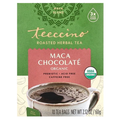 Té de hierbas tostado orgánico, chocolate con maca, sin cafeína, 10 bolsitas de té, 2,12 oz Foto 1 de 3