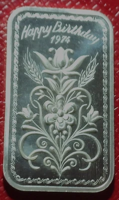 Barra de flores de feliz cumpleaños 1974 vintage 1 Troy oz.999 plata de Madison Mint Foto 1 de 3