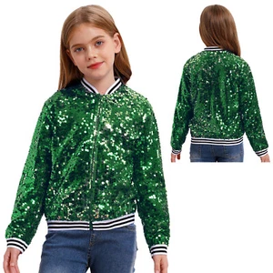 Girls Sequin Jacket Glitter Zipper Bomber Jacket Hip Hop Performance Costume - Picture 1 of 101