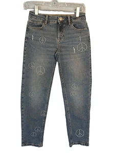 So Girls Blue Denim Jeans Distressed Peace Sign Size 12 Stretch - Picture 1 of 10