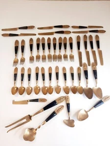 Vtg Siam Brass Wood Flatware Thailand 37 Serving Utensils Knives Forks Spoons - Picture 1 of 12