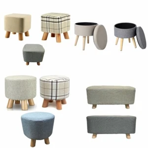 Holz gepolsterter Fußhocker osmanisch quadratisch runder Hocker in grau beige & Tartan Abdeckung - Bild 1 von 13