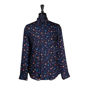 Mens Silky Shirt Button Up Blue Red Abstract Geometric Dress Casual Beach Large - Picture 1 of 7
