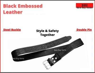 BBI LTD Leather Utility Kilt Belt | Scottish High Land Wear | Black Embossed Buckle set