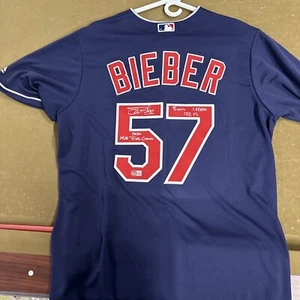 Majestic Cleveland Indians Shane Bieber Signed Navy Jersey Stat. Beckett - Picture 1 of 4