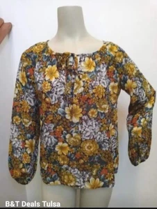 Vintage Misses XL Bust 41" Shirt Semi Sheer Brown Fall Floral Long Sleeve Top - Picture 1 of 5