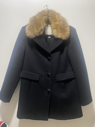 Cappotto nero Kate Spade New York collo in pelliccia sintetica misto lana taglia X Small