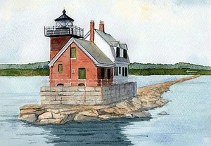 Faro rompeolas Rockland, Midcoast Maine. Tarjetas de notas de acuarela Rob Thorpe - Imagen 1 de 2