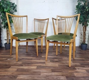 Set Of 4 Vintage Mid-Century Scandinavian Beech & Green Velour Dining Chairs MCM - Picture 1 of 11