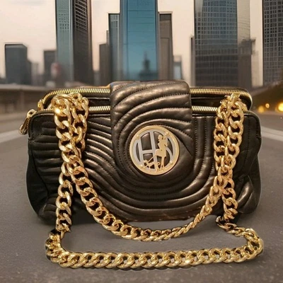 Henri Bendel No 7 Black Quilted Handbag #7 Heavyweight Gold Hardware - Image 1 of 4