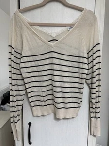 Zara Cream Striped V-Neck Wool Blend Sweater Lace Trim Coquette Preppy Coastal S - Picture 1 of 3