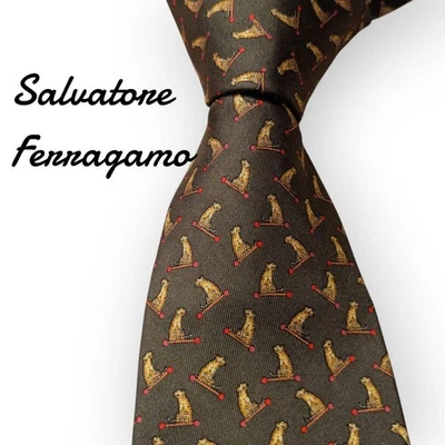 Nueva corbata Salvatore Ferragamo sin usar verde marrón leopardo 100 % seda Italia Foto 1 de 4