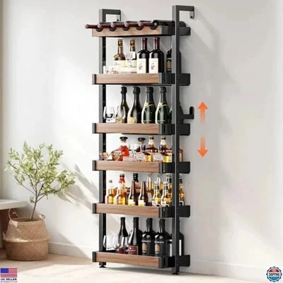 Estante para vino montado en la pared, estante de exhibición de botellas de licor de metal de 6 niveles, ajustable Foto 1 de 4