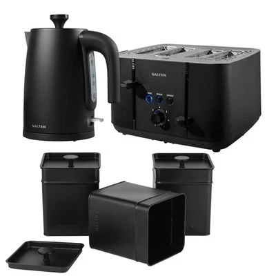 Salter Kettle & 4 Slice Toaster Set With Storage Canisters 1.7L Fast Boil Black - Image 1 of 4
