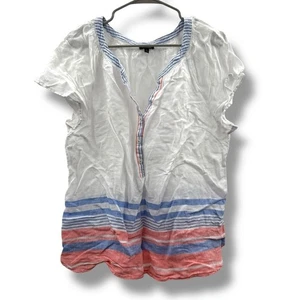 Talbots Linen Striped Henley Top Women's Size Large White Blue Pink Summer - Picture 1 of 6