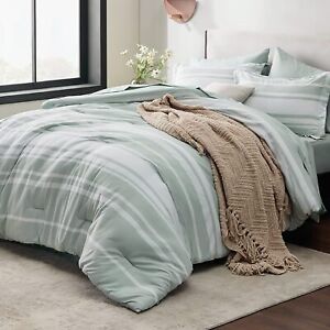 Bedsure Bed in a Bag Full Size 7 Pieces, Khaki White Striped Bedding Comforter S