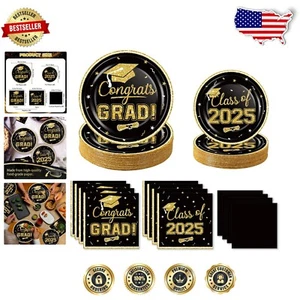 2025 Graduation Party Supplies - 320 Pcs Black Gold Disposable Dinnerware Set - Picture 1 of 9