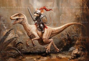 IMPRESIÓN ARTÍSTICA DE CABALLERO VELOCIRAPTOR Y RATÓN, decoración de dinosaurio guerrero, póster F209 - Imagen 1 de 3
