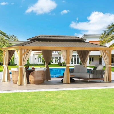 TAUS 12x20ft Hardtop Gazebo Wood Grain Aluminum Patio Canopy Pergola w/Curtains Tent