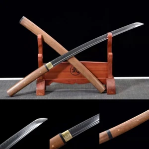 T10 Steel Wakizashi in wooden sheath shirasaya style battle ready real hamon - Picture 1 of 10