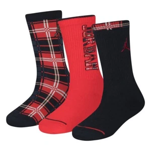 NEW BOYS SIZE 9C-11C NIKE AIR JORDAN CREW SOCKS 3-PACK RED BLACK PLAID - Picture 1 of 2