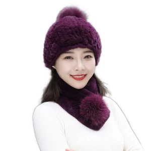 Real Rex Conejo Piel Sombrero Bufanda Set Mujeres Invierno Cálido Gorro Gorra Zorro pom pom - Imagen 1 de 15