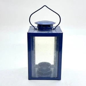 BLUE METAL GLASS PANEL LANTERN CANDLE HOLDER HANDLE VINTAGE STYLE INDOOR OUTDOOR - Picture 1 of 6